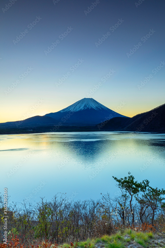 Mount Fuji and Lake Motosu at dawn, Yamanashi Prefecture, Japan Mount Fuji and Lake Motosu at dawn, Yamanashi Prefecture, Japan