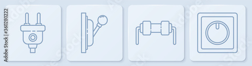 Set line Electric plug, Resistor electricity, Electrical panel and Electric light switch. White square button. Vector