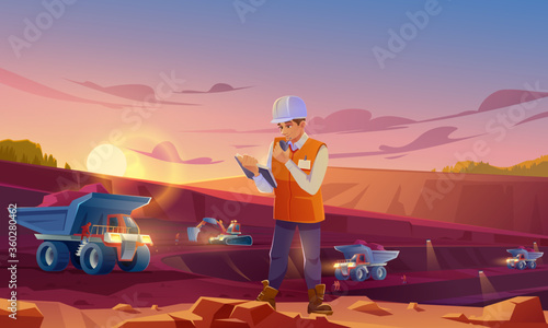 Man in helmet working on mining quarry. Opencast mine with dumpers, excavator and workers. Vector cartoon illustration of ore extraction open cast and engineer
