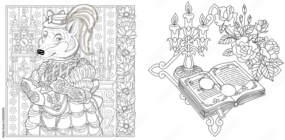 Fototapeta premium Coloring pages with wolf or fox