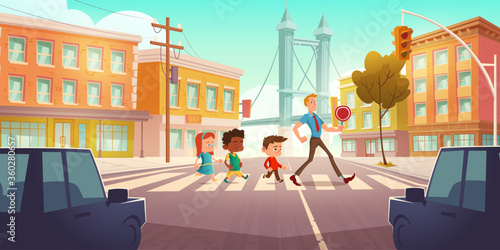 Kids crossing city crossroad with traffic lights and teacher holding signal. Children group boys and girls with adult educator walking on road zebra with cars waiting, Cartoon vector illustration