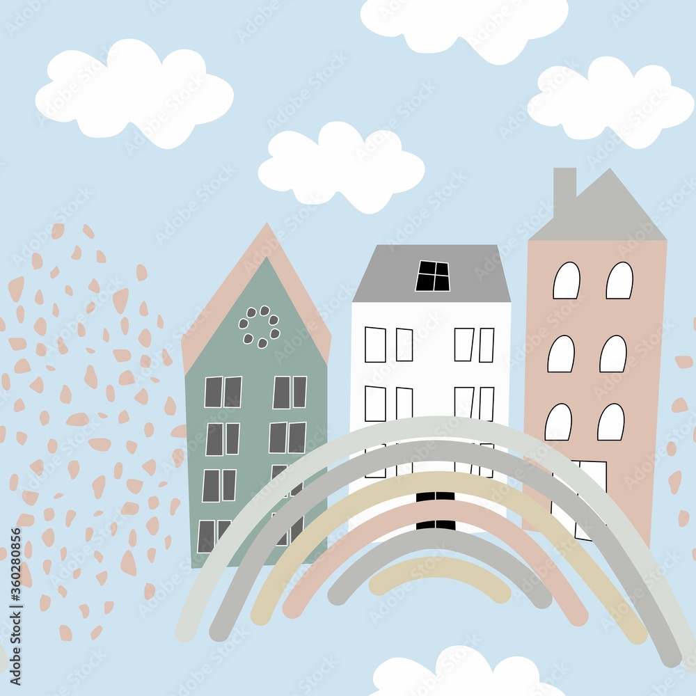 Childish seamless pattern with old  buildings, rainbow, dots, abstract shapes and textures. Good for kids fabric, textile, nursery wallpaper. Scandinavian style.