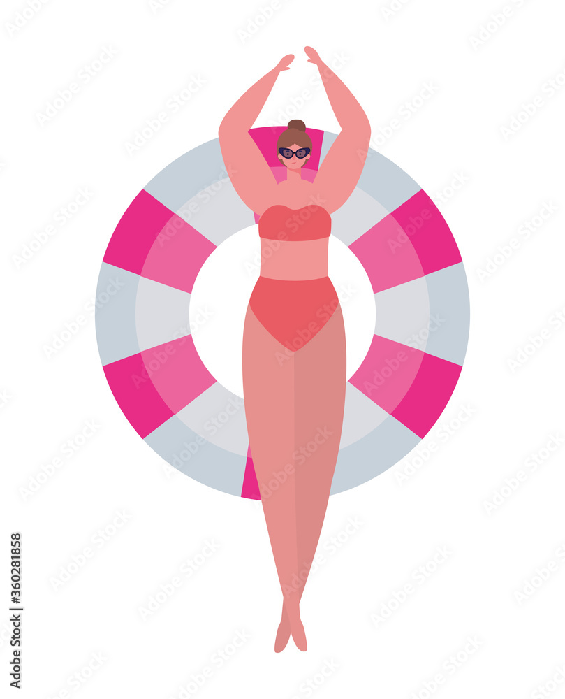Girl cartoon with bikini and glasses on float design, Summer vacation tropical relaxation outdoor nature tourism relax lifestyle and paradise theme Vector illustration Girl cartoon with bikini and glasses on float design, Summer vacation tropical relaxation outdoor nature tourism relax lifestyle and paradise theme Vector illustration