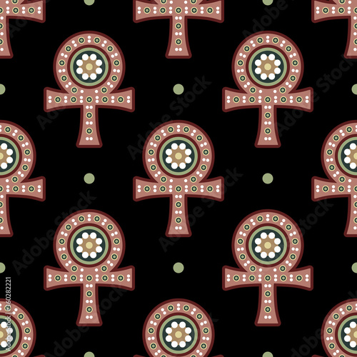 Seamless geometrical pattern with ornate ankh symbols. Fncient Egyptian Coptic motif.