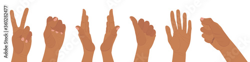 Set of palms and hands clenched in a fist, isolated on a white background. Bent fingers, hands holding something. Elements for your design. Vector illustration