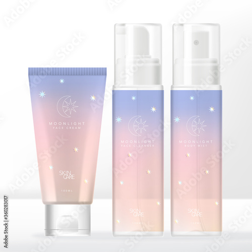 Vector Moonlight Holographic Theme Gradient Pastel Tube & Transparent Pump or Spray Bottle Packaging
