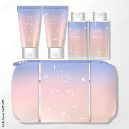 Vector Moonlight Holographic Theme Gradient Pastel Travel Kit Bag Set with Tube & Bottle Packaging