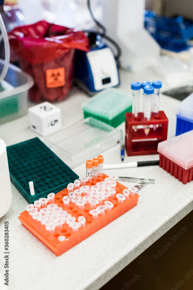 High angle view of various scientific equipment on table at laboratory High angle view of various scientific equipment on table at laboratory