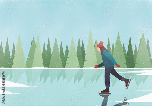 Side view of woman ice-skating on rink against blue sky photo