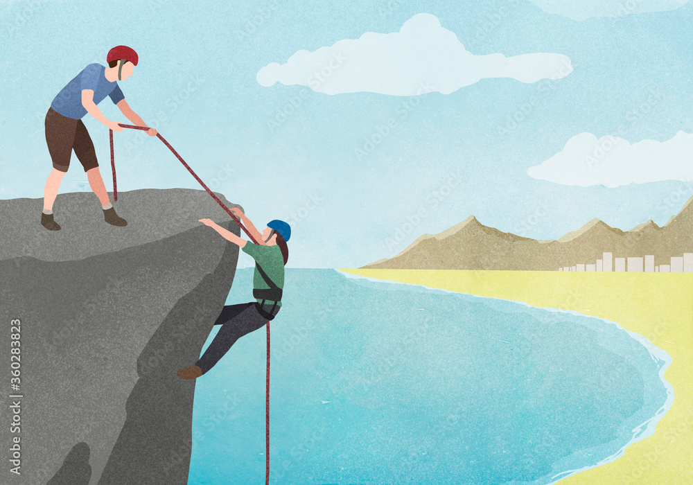 Illustration of man pulling woman with rope on cliff against sky Stock ...