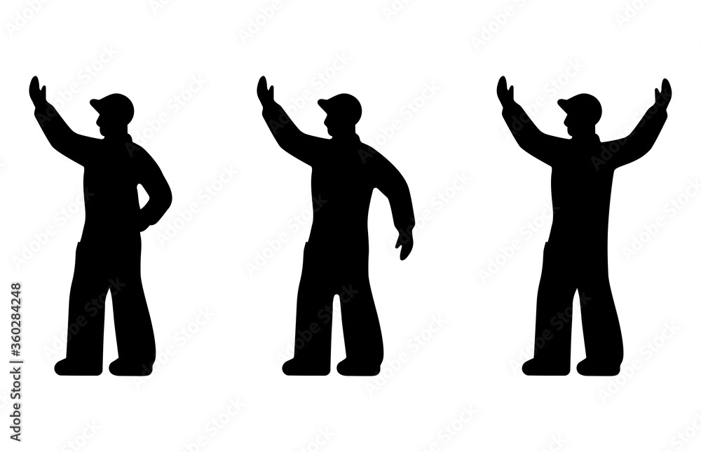 Worker in a helmet at a construction site. Management of a construction crane. Raise, lower. Silhouette. Vector illustration.