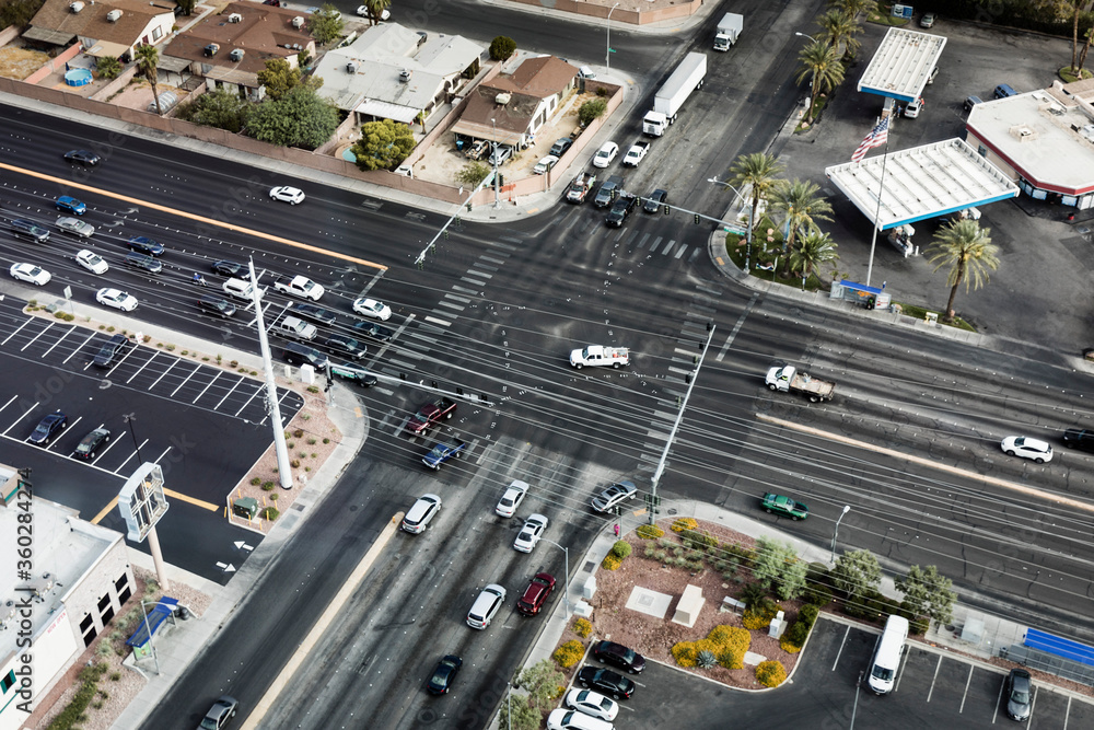 High angle view of cars moving on intersecting roads in city, Las Vegas, Nevada, USA High angle view of cars moving on intersecting roads in city, Las Vegas, Nevada, USA