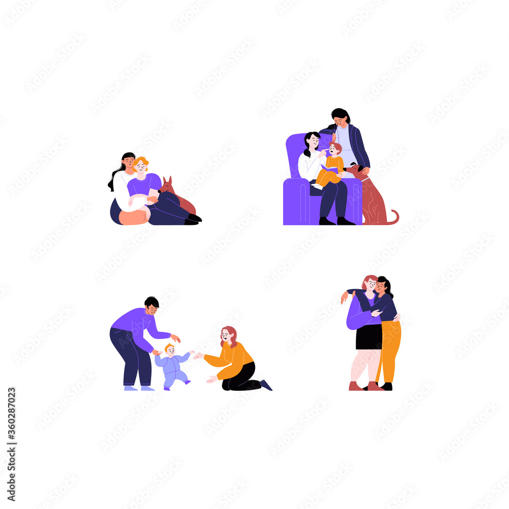 Collection of flat illustrations of different lesbian couples and families with and without kids. Pride month concept