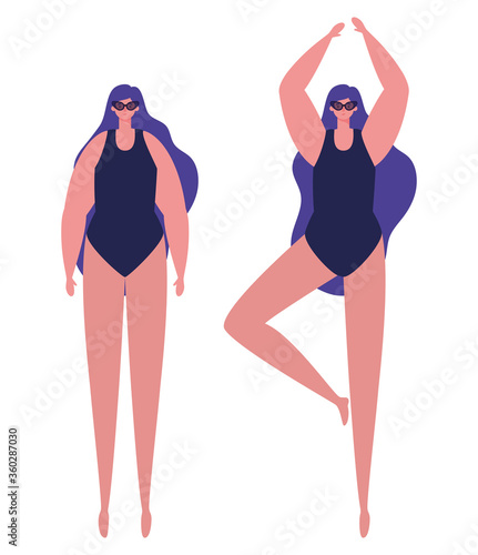 Girls cartoons with swimsuits and glasses design, Summer vacation tropical relaxation outdoor nature tourism relax lifestyle and paradise theme Vector illustration