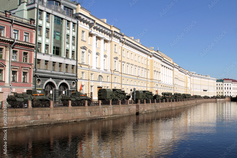 Fototapeta premium RUSSIA, SAINT PETERSBURG - June 24, 2020 - Military equipment on the Moika river embankment waiting for the start of the parade
