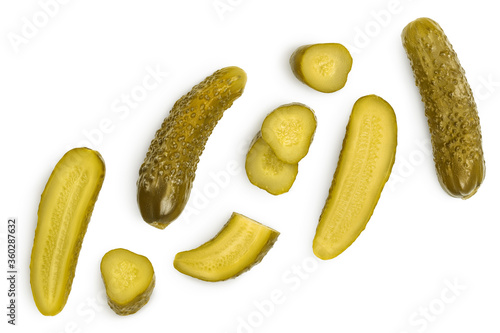 Marinated pickled cucumber isolated on white background with clipping path and full depth of field. Top view. Flat lay