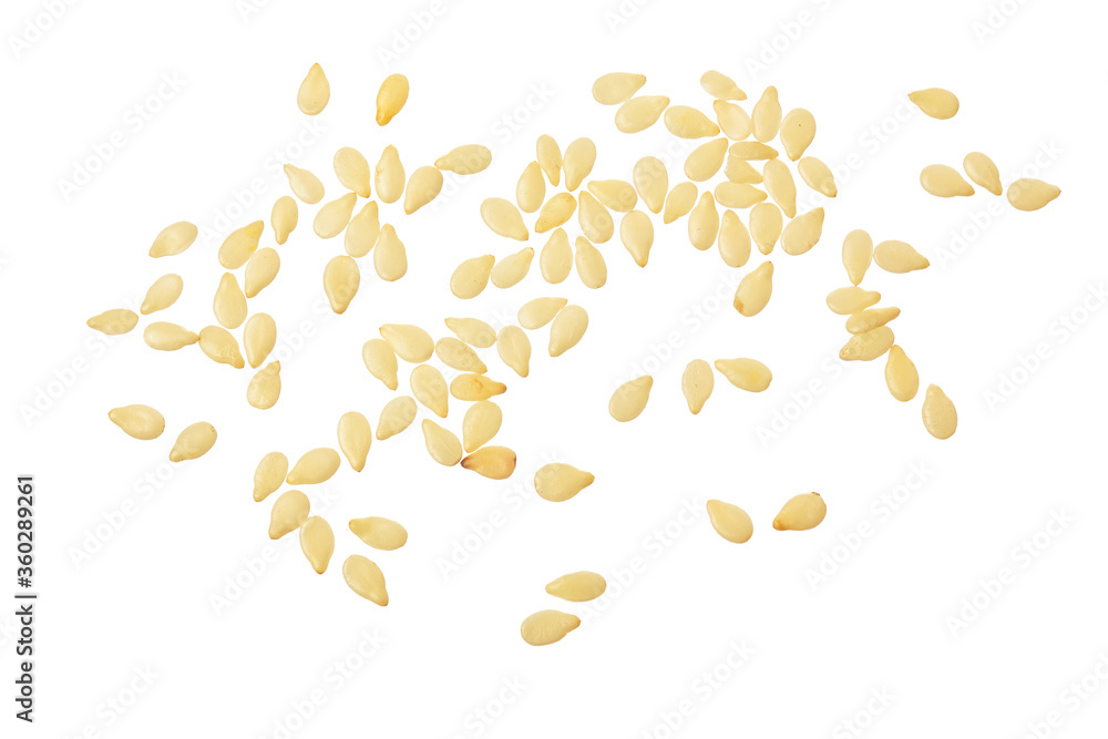 Sesame seeds isolated on white background top view. Flat lay Sesame seeds isolated on white background top view. Flat lay