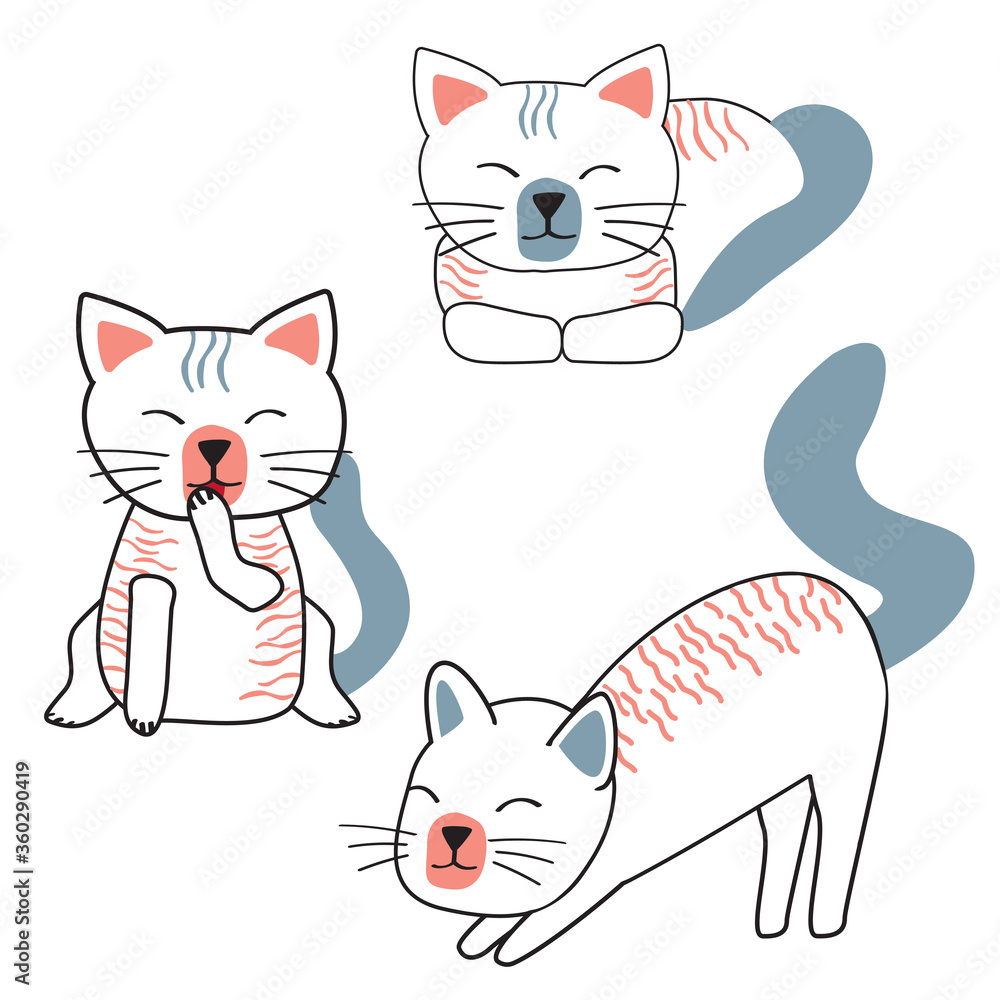 Fototapeta premium Cute cat at line art set with blue and rose colors