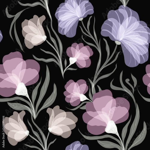 seamless pattern of transparent flowers on a black background for printing on fabric