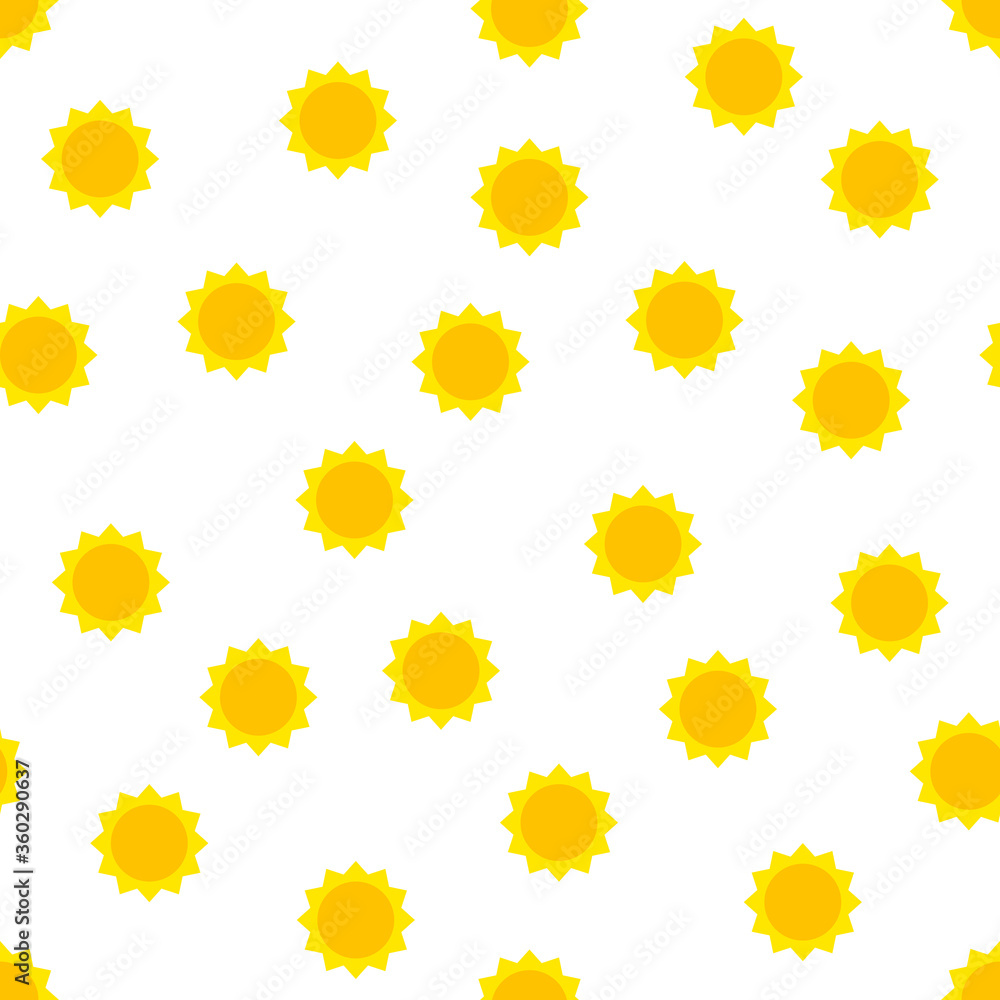 Seamless sun pattern. Cute yellow sun isolated on white background. Color sunrise, sunset sign. Flat symbol of summer, warmth, vacation, travel, beach. Vector illustration for prints, clothes, web Seamless sun pattern. Cute yellow sun isolated on white background. Color sunrise, sunset sign. Flat symbol of summer, warmth, vacation, travel, beach. Vector illustration for prints, clothes, web
