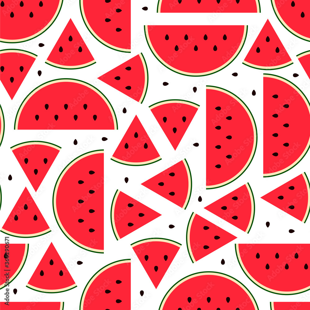 Seamless Watermelon slice pattern. Flat Sweet fresh fruit Isolated on white background. Colorful bright summer food. Red pink cut melon with seeds. Vector illustration for prints, wallpapers, clothes Seamless Watermelon slice pattern. Flat Sweet fresh fruit Isolated on white background. Colorful bright summer food. Red pink cut melon with seeds. Vector illustration for prints, wallpapers, clothes