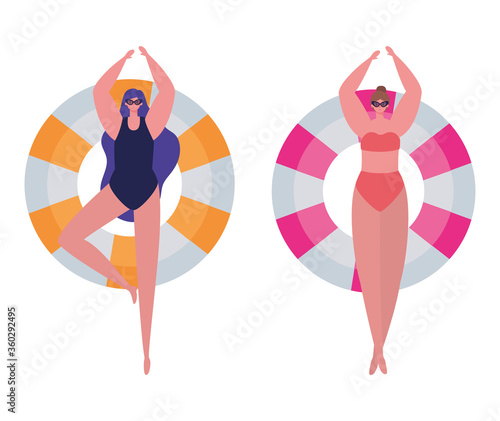 Girls cartoons with swimsuits and glasses on floats design, Summer vacation tropical relaxation outdoor nature tourism relax lifestyle and paradise theme Vector illustration