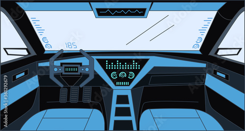 Futuristic design inside the car vector cartoon outline illustration. Car view with sensor system, rudder, dashboard, and front panel. Future Interior of automobile, autonomous vehicle background.
