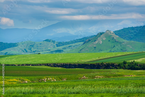 Beautiful landscape with field and mountains  Armenia