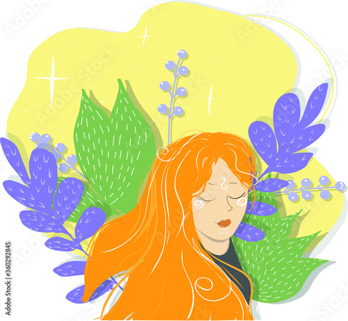 Portrait of a girl with loose hair on the background of plants of different shapes. The concept of cosmetics for hair care, face care, eco-cosmetics. Natural beauty. Cosmetology. Vector illustration