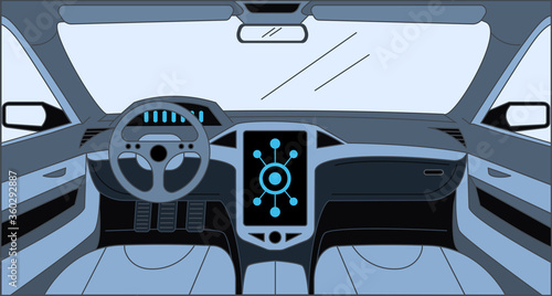Car interior vector cartoon outline illustration. Driver view with big sensor system, rudder, dashboard, and front panel. Interior of the automobile, vehicle background, design inside the car concept.