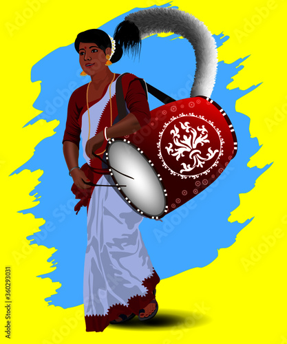 Illustration of women dhaki to play Puja beats in Durga puja pandal. Kolkata, India