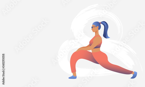 Young sports girl does exercise on a background of abstract waves. Doing sports at home, lunge, yoga. Healthy lifestyle concept.
