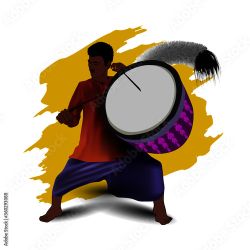 illustration of Dhaki playing Dhak Dhol folk music in Durga Puja of West Bengal, India