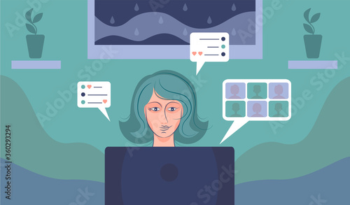 Vector illustration of web conference, communication on the Internet, social networks and distance. Woman at home in isolation sitting at laptop