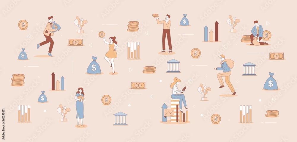 Happy smiling people with golden coins making investments and investing plans. Business analysis, earning and saving money, economic growth, financial success, and stock market concept. Happy smiling people with golden coins making investments and investing plans. Business analysis, earning and saving money, economic growth, financial success, and stock market concept.