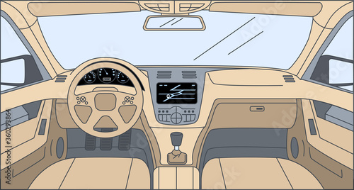 Design inside the car vector cartoon outline illustration. Driver view with navigator, rudder, dashboard, and navigation front panel. Interior of automobile, vehicle background.