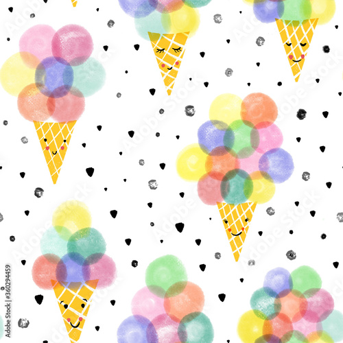 Ice cream waffle cones seamless pattern. Hand drawn cute ice cream with smiling faces repeating background. Cute kids summer pattern for fabric, packaging, kids fashion, wallpaper