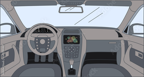 Driver front view with sensor panel, rudder, dashboard, and front panel. Interior of automobile, vehicle background. Design inside the car vector cartoon outline illustration.