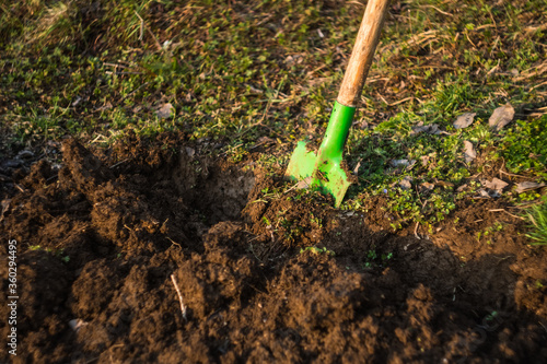 Digging the land with green shovel