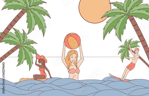 Young happy people in swimming suits at summer vacation swimming in the sea vector cartoon outline illustration. Girl on air mattress, woman with ball and kite surfer. Summer water sport and activity.