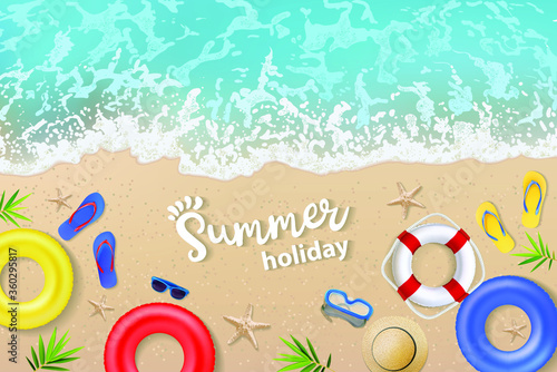 Vector summertime top view illustrations set with Summer word lettering on beach sand and seawater background
