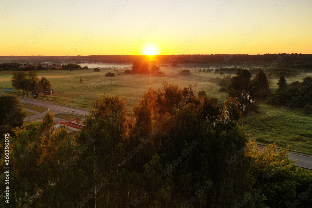 panoramic view of green meadows in the morning haze at sunrise shot from a drone at dawn