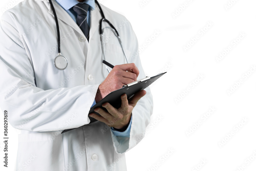 Caucasian male doctor on white background writing Caucasian male doctor on white background writing