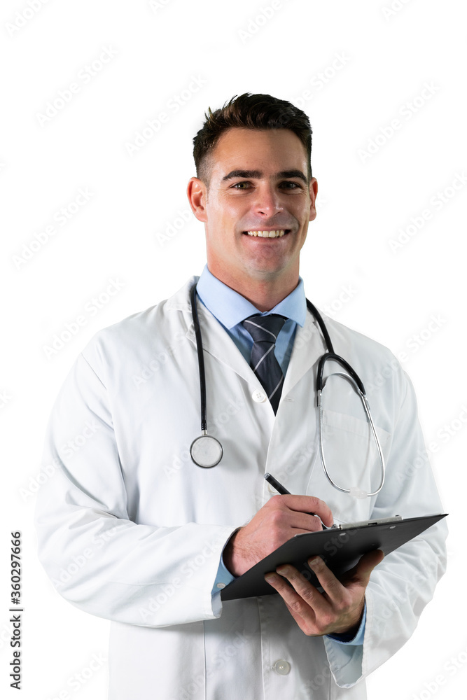 Caucasian male doctor on white background writing Caucasian male doctor on white background writing