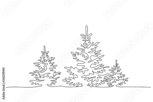 Pine fir trees in a forest. Continuous one line drawing