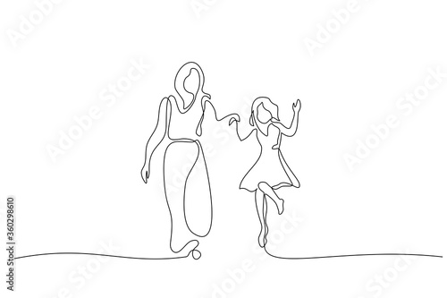 Mother and daughter walking together one line drawing
