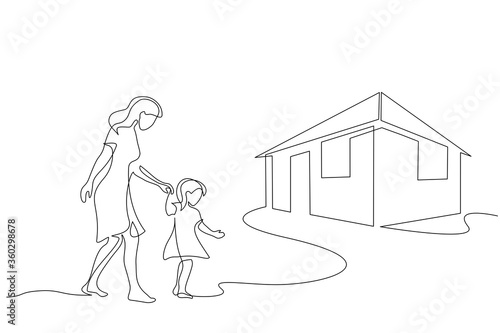 Mother and daughter walking together one line drawing
