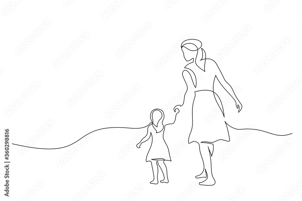 Mother and daughter walking together one line drawing Mother and daughter walking together one line drawing