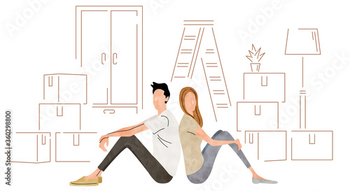 Stock illustration: moving, couple sitting in front of luggage