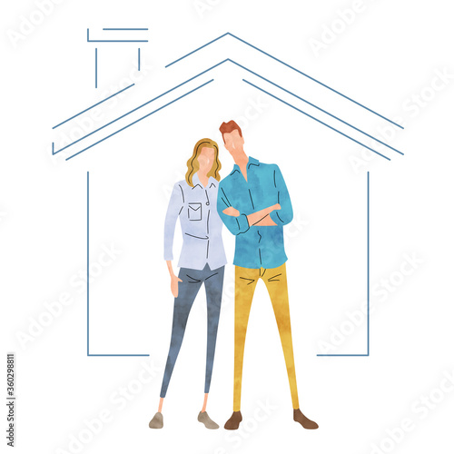 Stock Illustration: couple, posing, in front of house